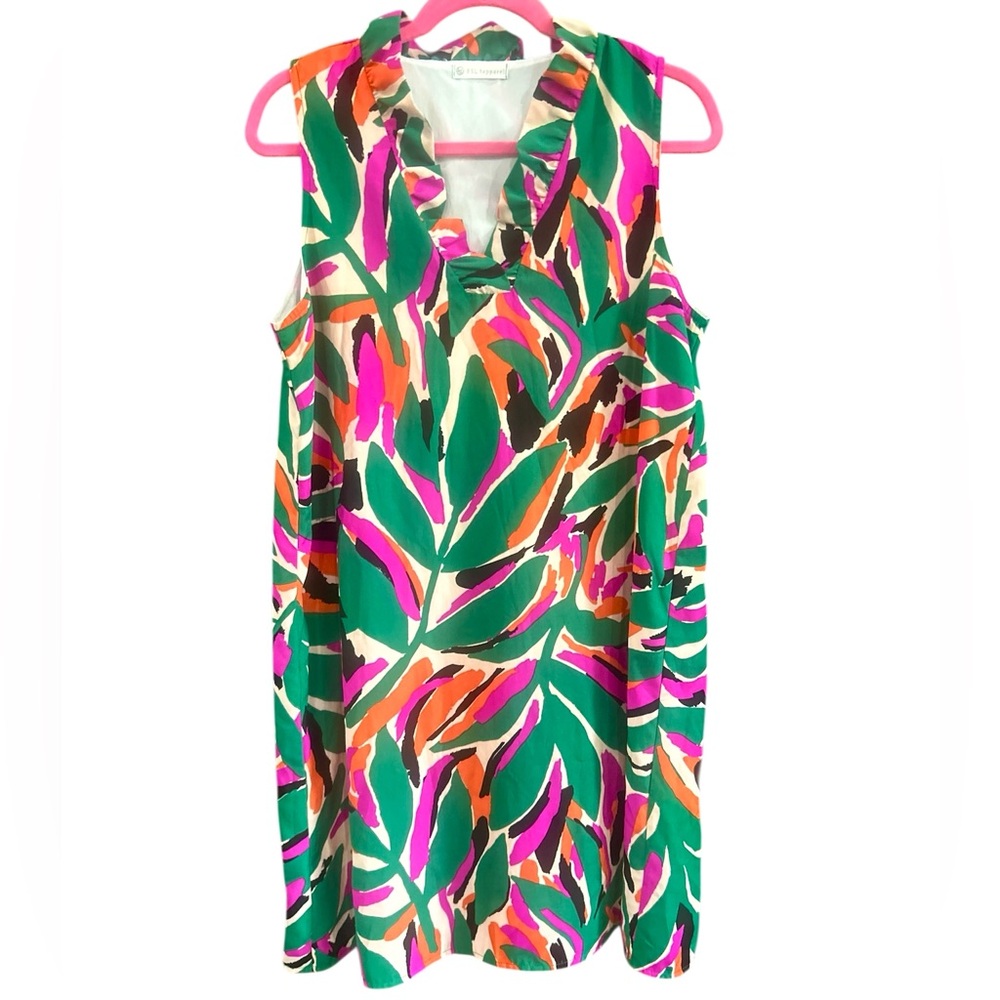 FSL apparel Bright Multicolor Ruffle Neck Sleeveless Shift Summer Dress Size M
